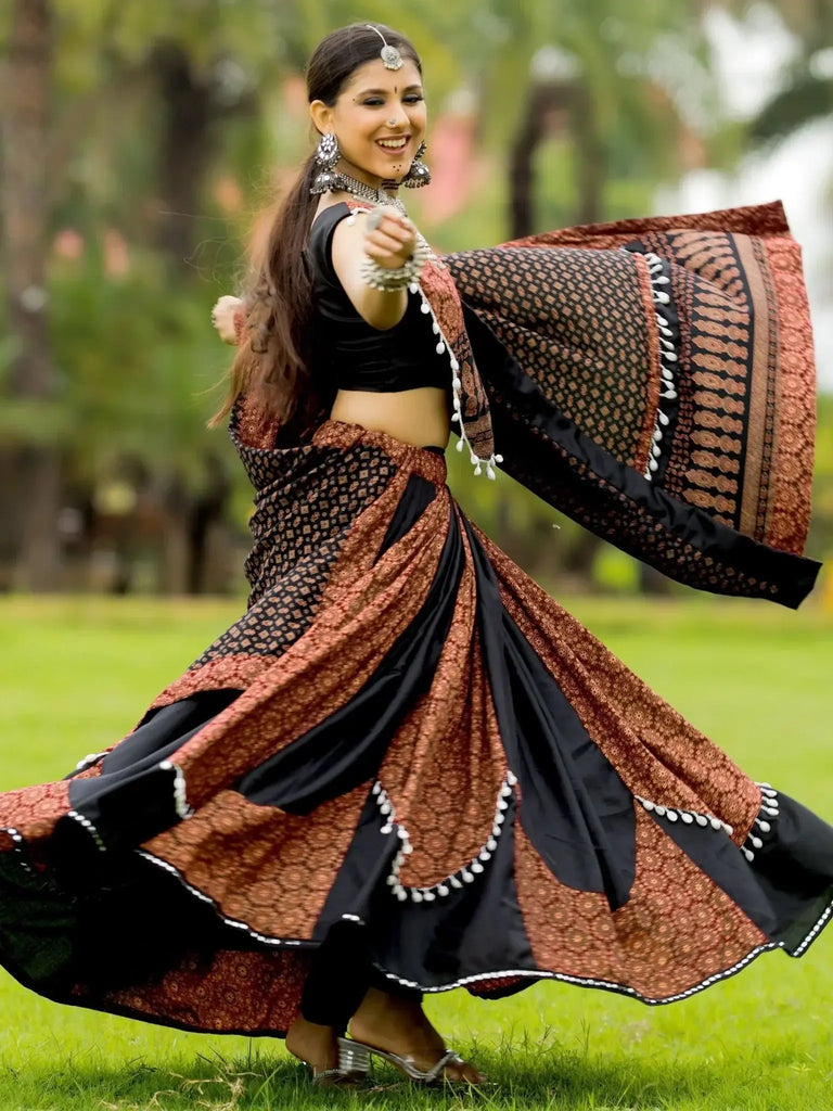 Attractive Black Printed Cotton Navratri Lehenga Choli With Dupatta - Ethnic Plus In