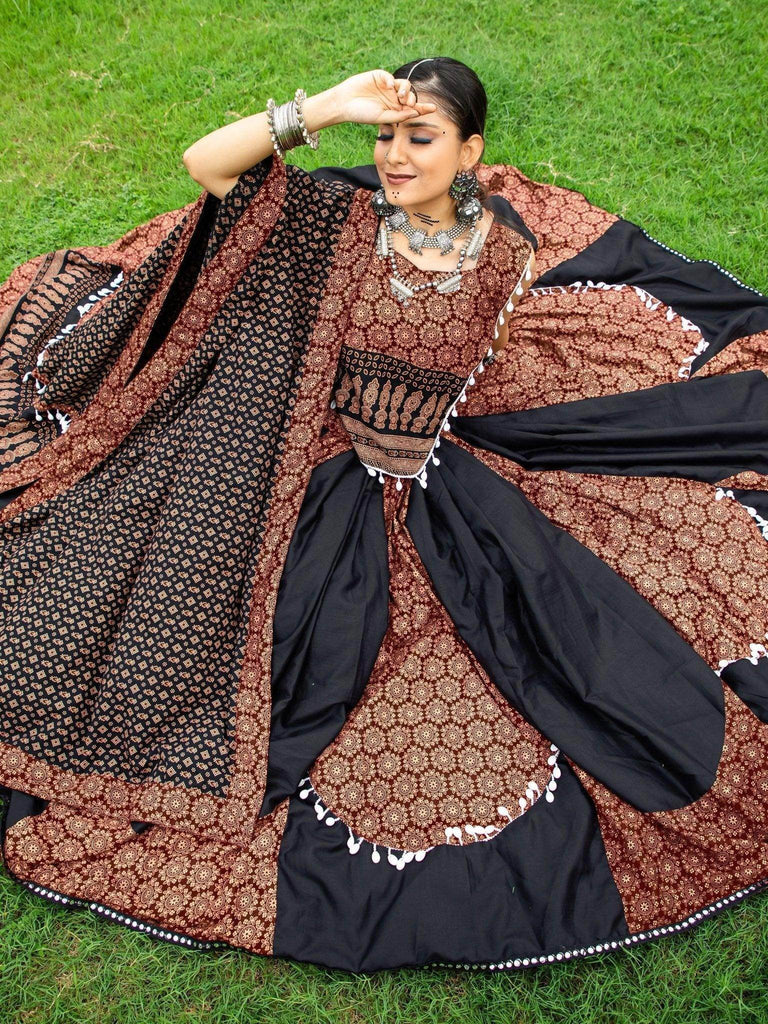 Attractive Black Printed Cotton Navratri Lehenga Choli With Dupatta - Ethnic Plus In
