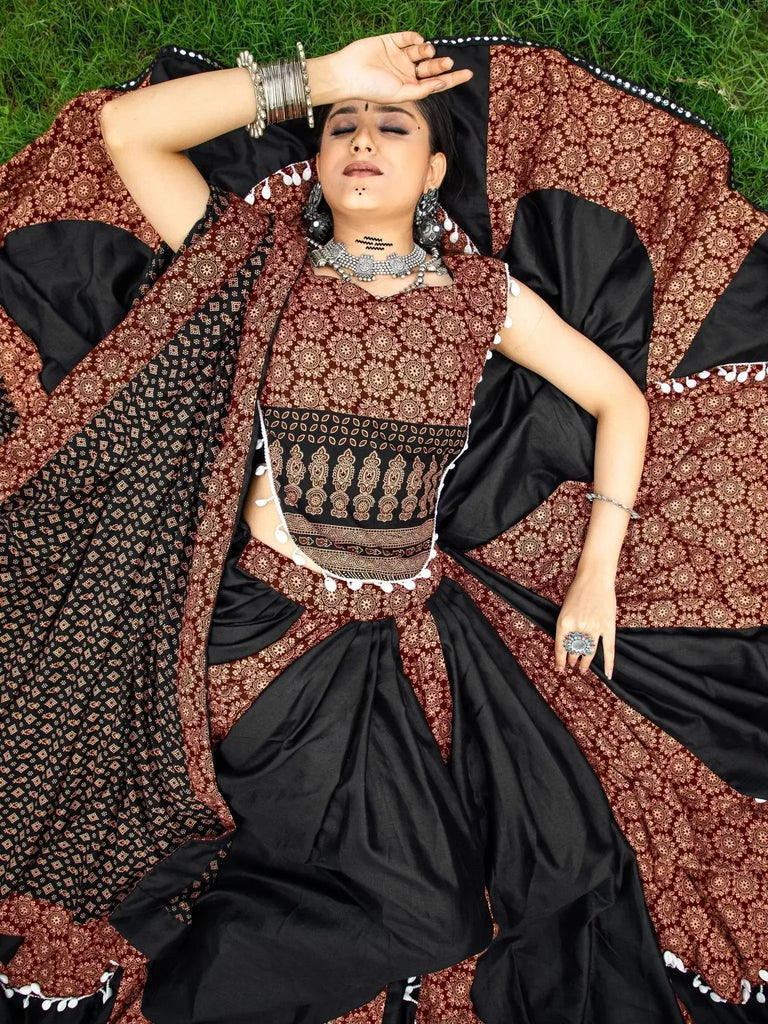 Attractive Black Printed Cotton Navratri Lehenga Choli With Dupatta - Ethnic Plus In