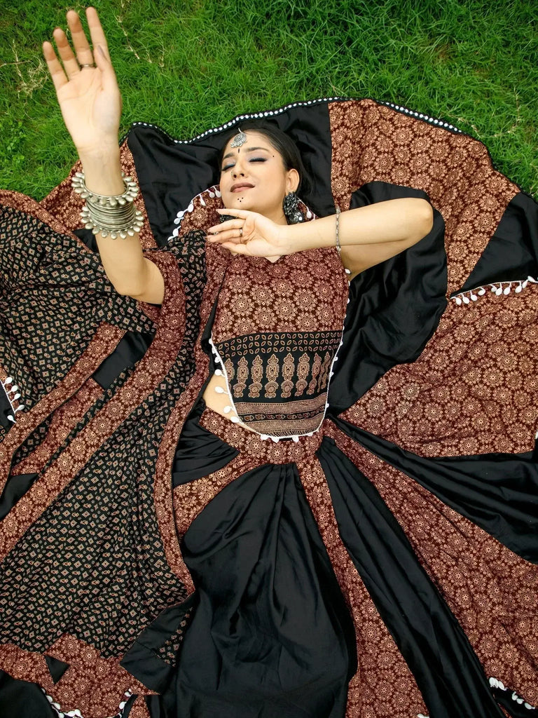 Attractive Black Printed Cotton Navratri Lehenga Choli With Dupatta - Ethnic Plus In