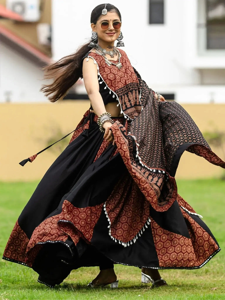 Attractive Black Printed Cotton Navratri Lehenga Choli With Dupatta - Ethnic Plus In