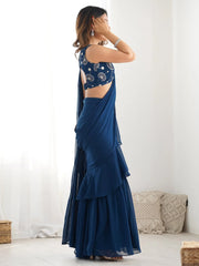 Attractive Blue Georgette Sequins Ready To Wear Sharara Saree - Ethnic Plus In
