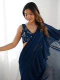 Attractive Blue Georgette Sequins Ready To Wear Sharara Saree - Ethnic Plus In