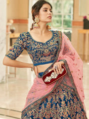 Attractive Blue Heavy Embroidery Velvet Wedding Wear Lehenga Choli - Ethnic Plus In