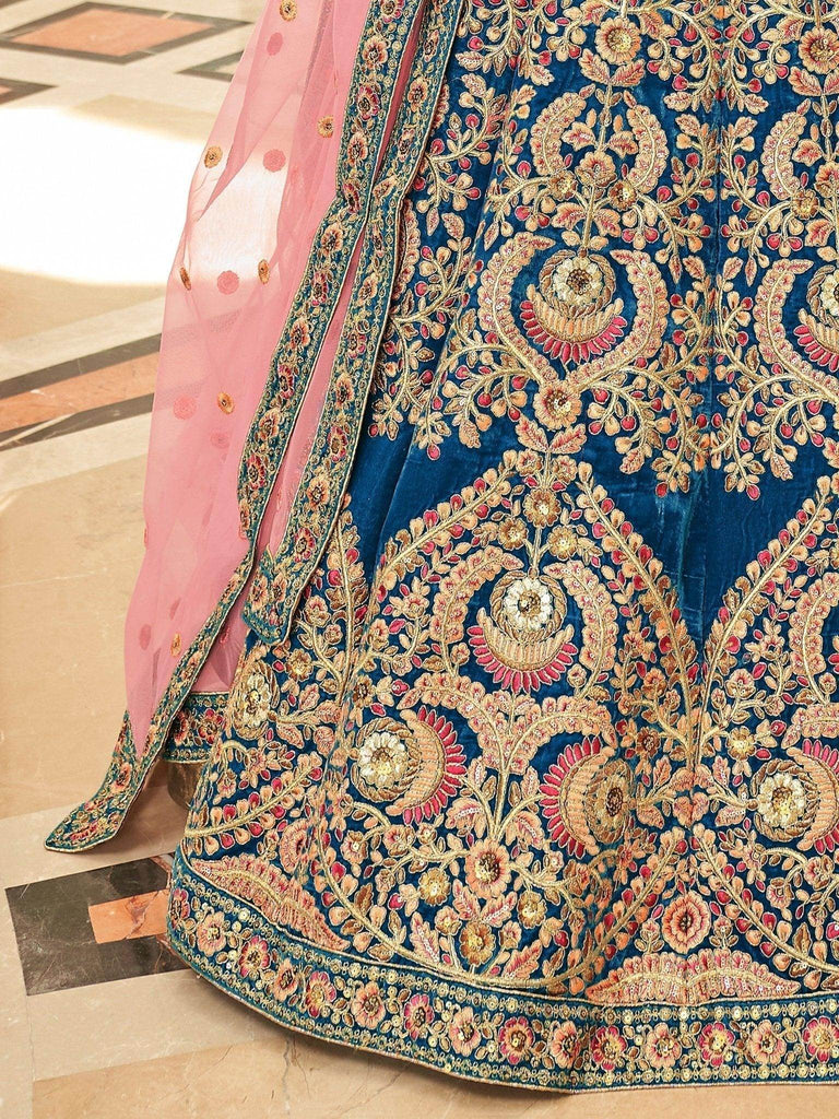 Attractive Blue Heavy Embroidery Velvet Wedding Wear Lehenga Choli - Ethnic Plus In