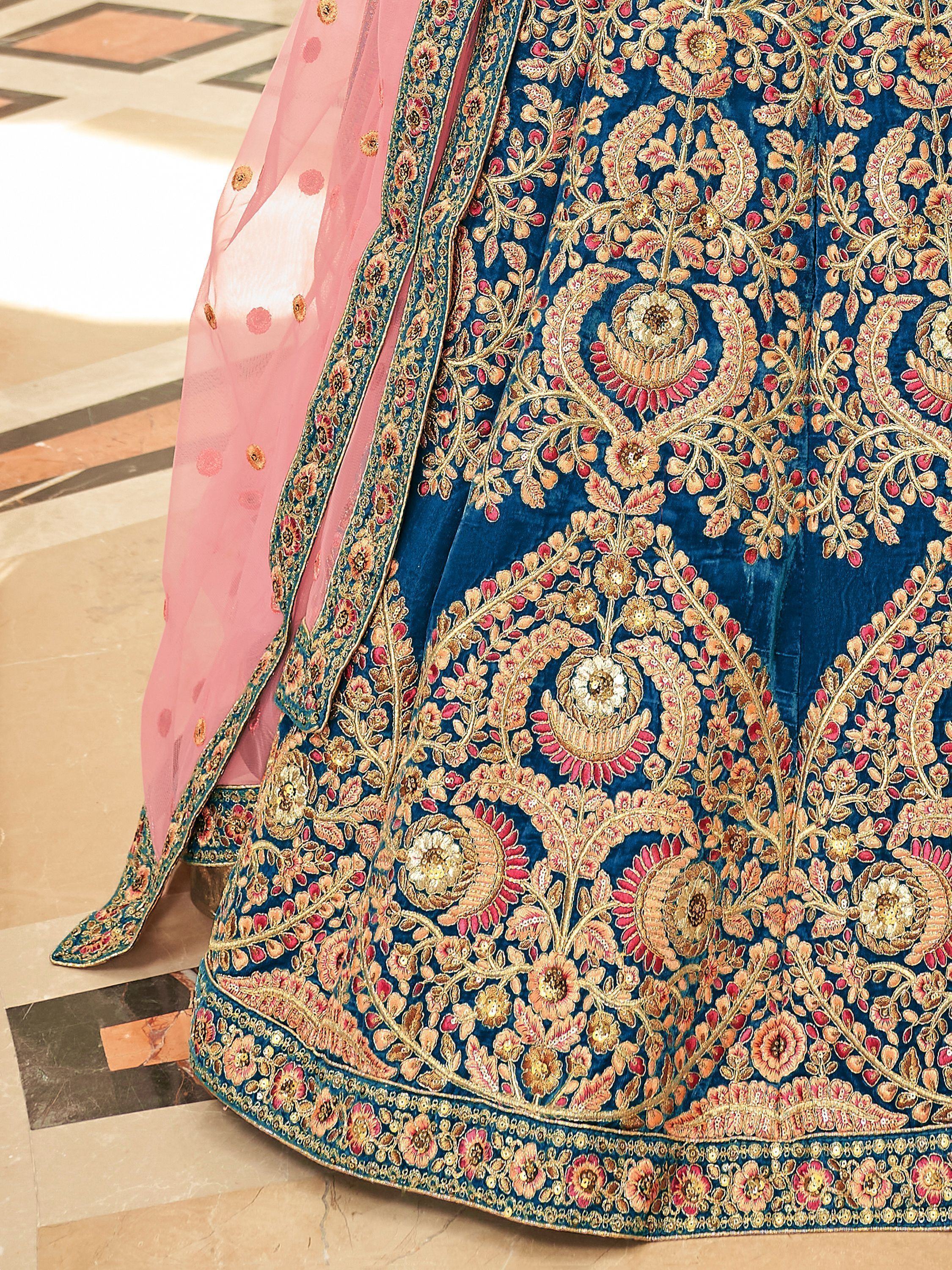 Blue velvet lehenga with gold floral embroidery and pink dupatta, Indian ethnic wear