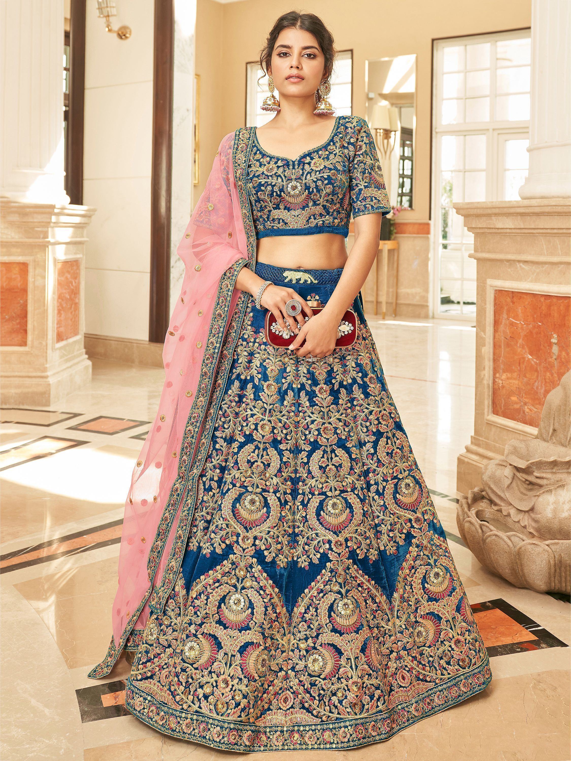 Attractive Blue Heavy Embroidery Velvet Wedding Wear Lehenga Choli - Ethnic Plus In