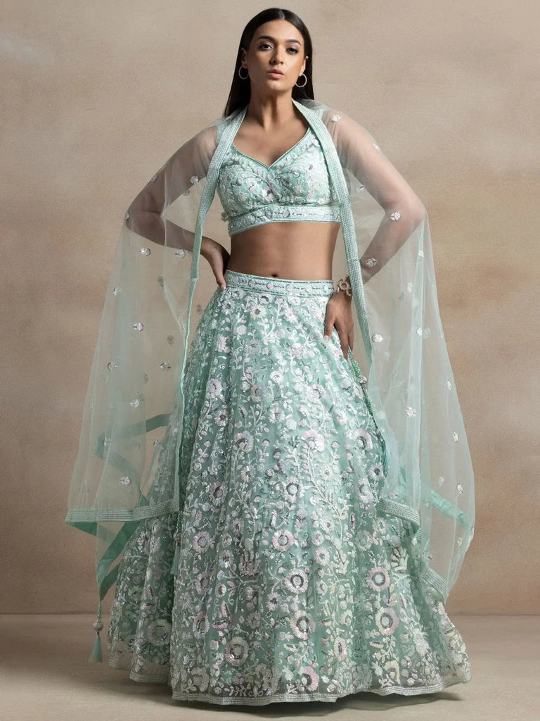 Attractive Blue Sequins Net Designer Lehenga Choli With Dupatta - Ethnic Plus In