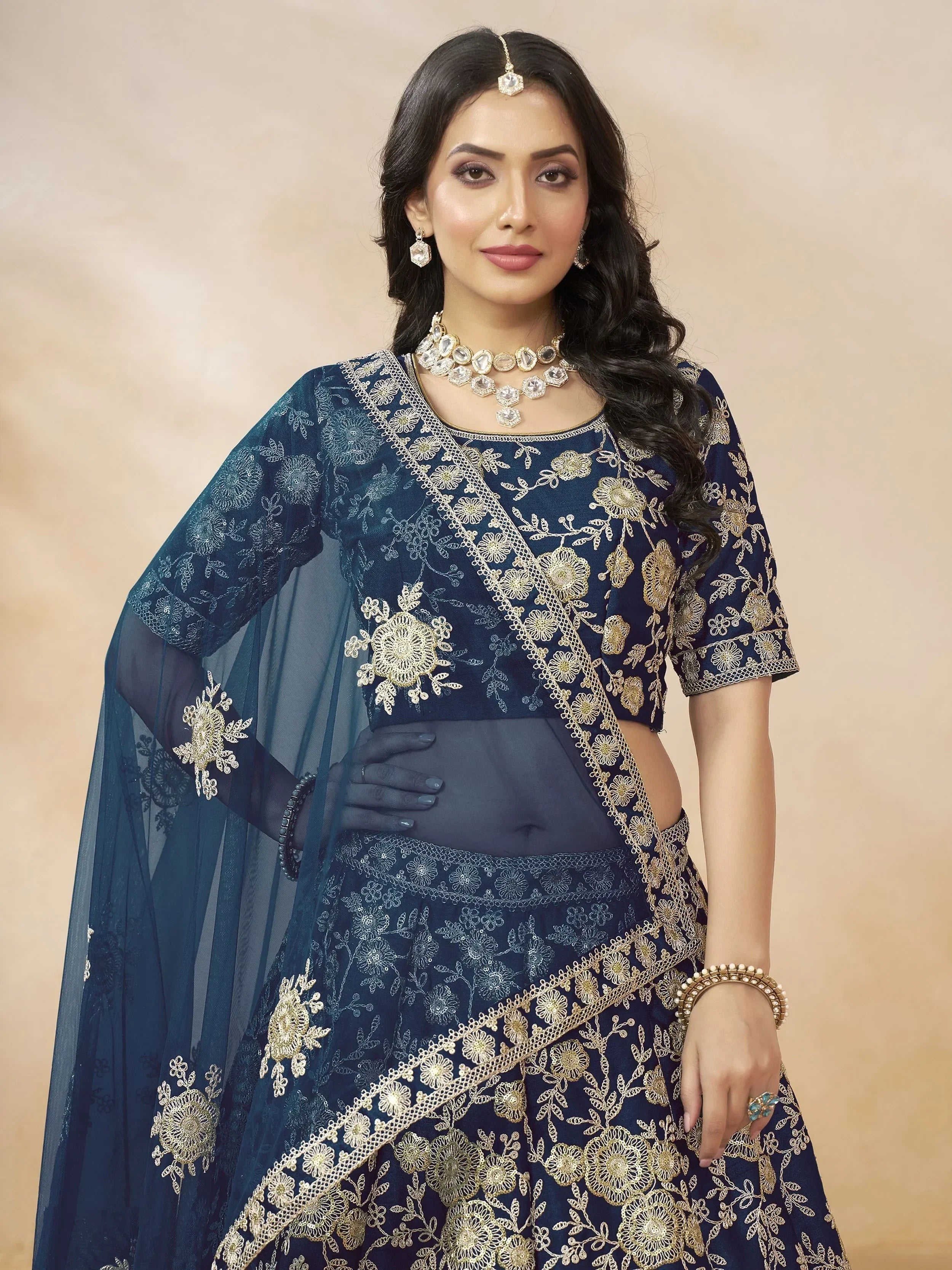 Attractive Blue Silk Embroidered Lehenga Choli With Dupatta - Ethnic Plus In