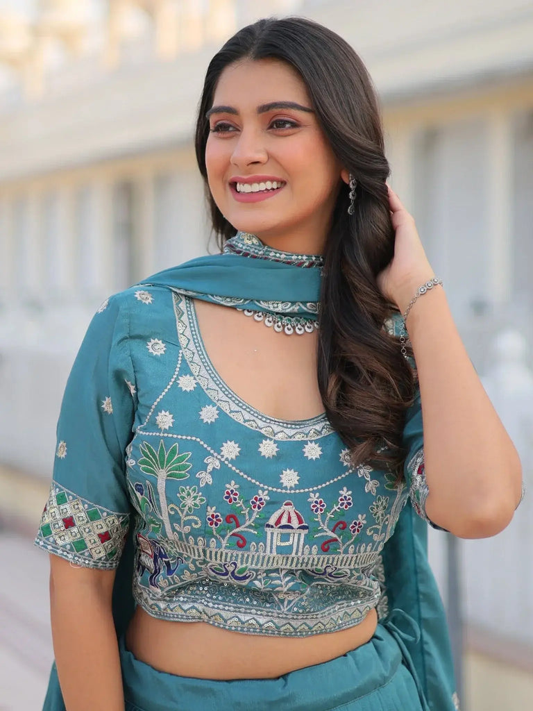 Attractive Blue Thread Work Chinon Lehenga Choli With Dupatta - Ethnic Plus In