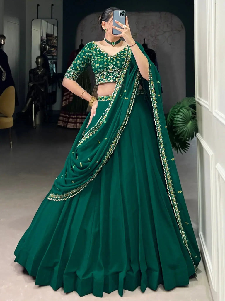 Attractive Bottle Green Thread Work Georgette Mehendi Wear Lehenga Choli - Ethnic Plus In