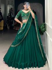 Attractive Bottle Green Thread Work Georgette Mehendi Wear Lehenga Choli - Ethnic Plus In