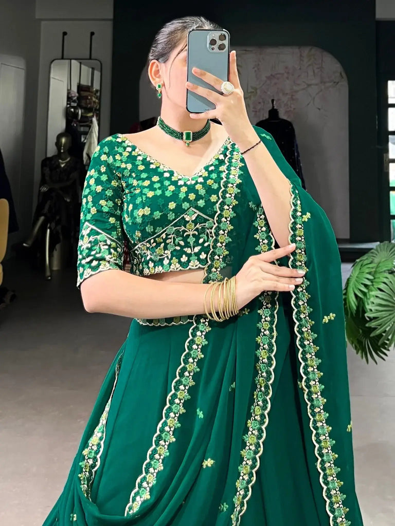 Attractive Bottle Green Thread Work Georgette Mehendi Wear Lehenga Choli - Ethnic Plus In