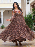 Attractive Brown Georgette Mirror Work Traditional Gown - Ethnic Plus In