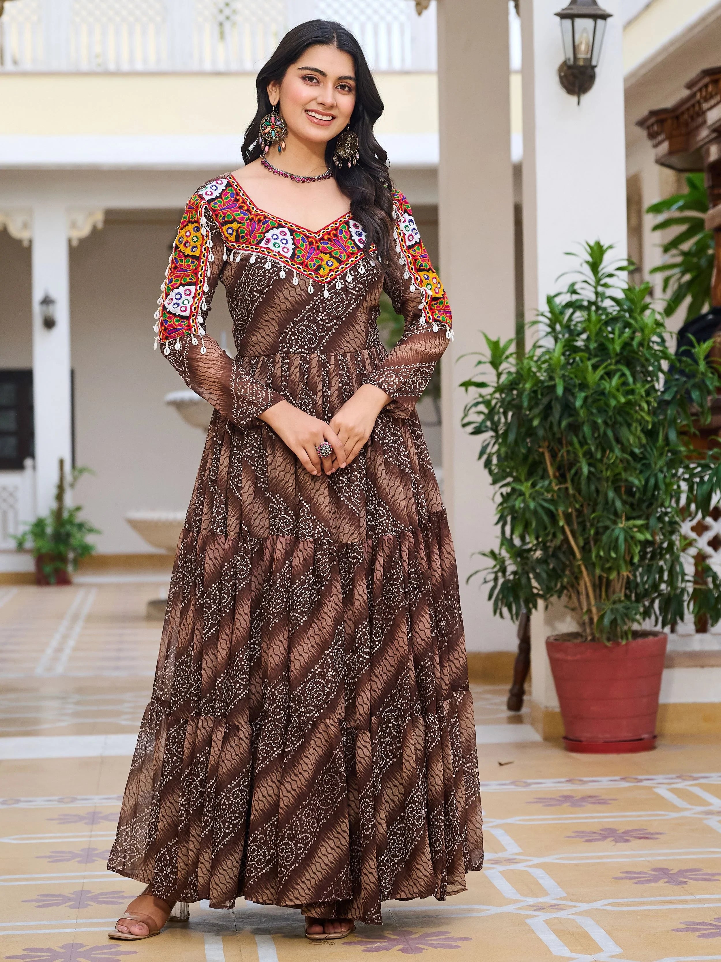 Attractive Brown Georgette Mirror Work Traditional Gown - Ethnic Plus In
