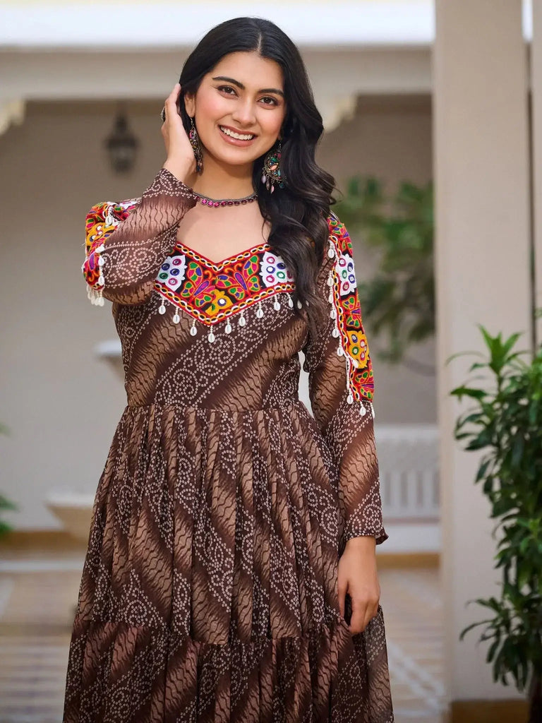 Attractive Brown Georgette Mirror Work Traditional Gown - Ethnic Plus In