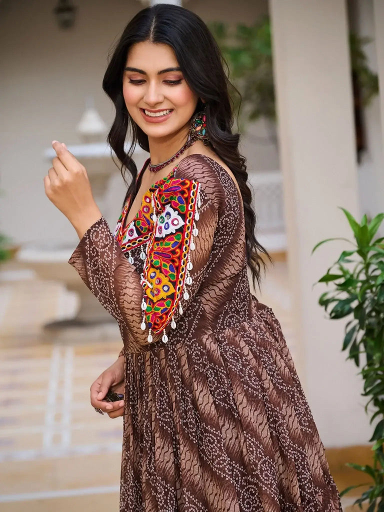 Attractive Brown Georgette Mirror Work Traditional Gown - Ethnic Plus In