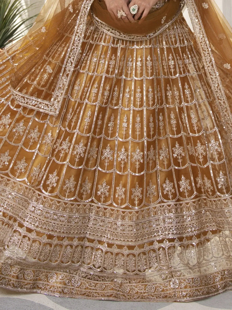 Attractive Brown Sequins Net Designer Lehenga Choli With Dupatta - Ethnic Plus In