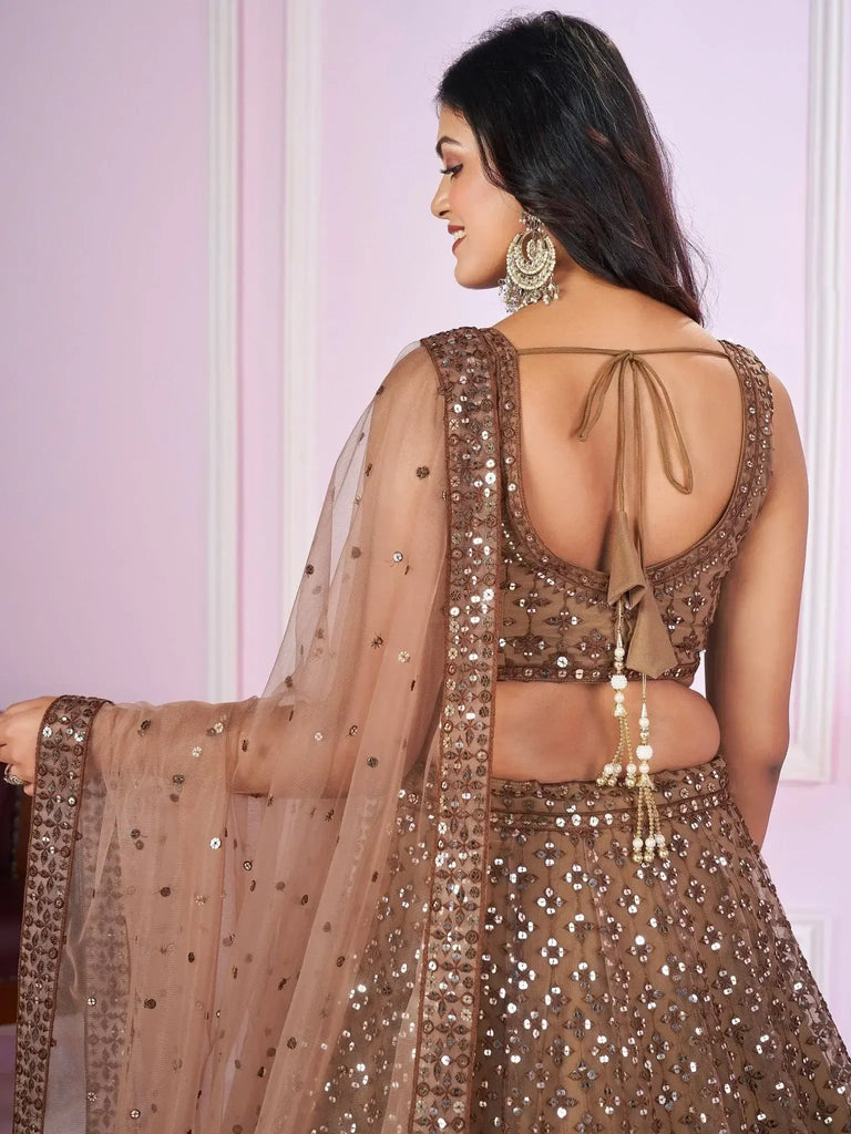 Attractive Brown Sequins Soft Net Engagement Wear Lehenga Choli - Ethnic Plus In