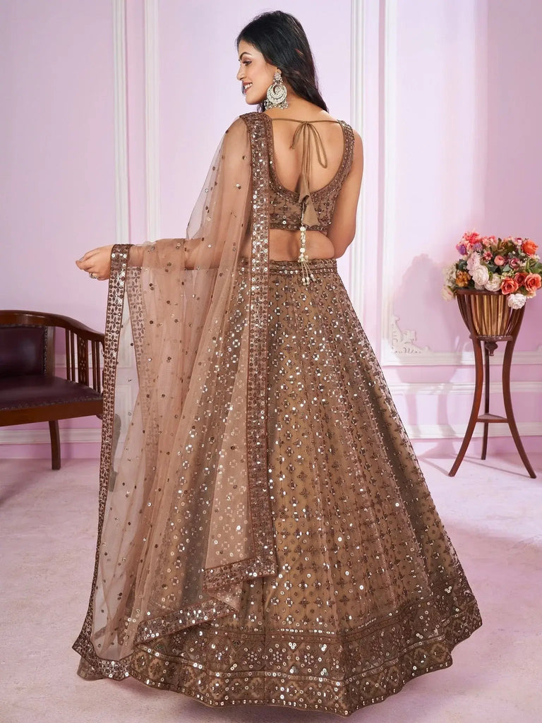 Attractive Brown Sequins Soft Net Engagement Wear Lehenga Choli - Ethnic Plus In