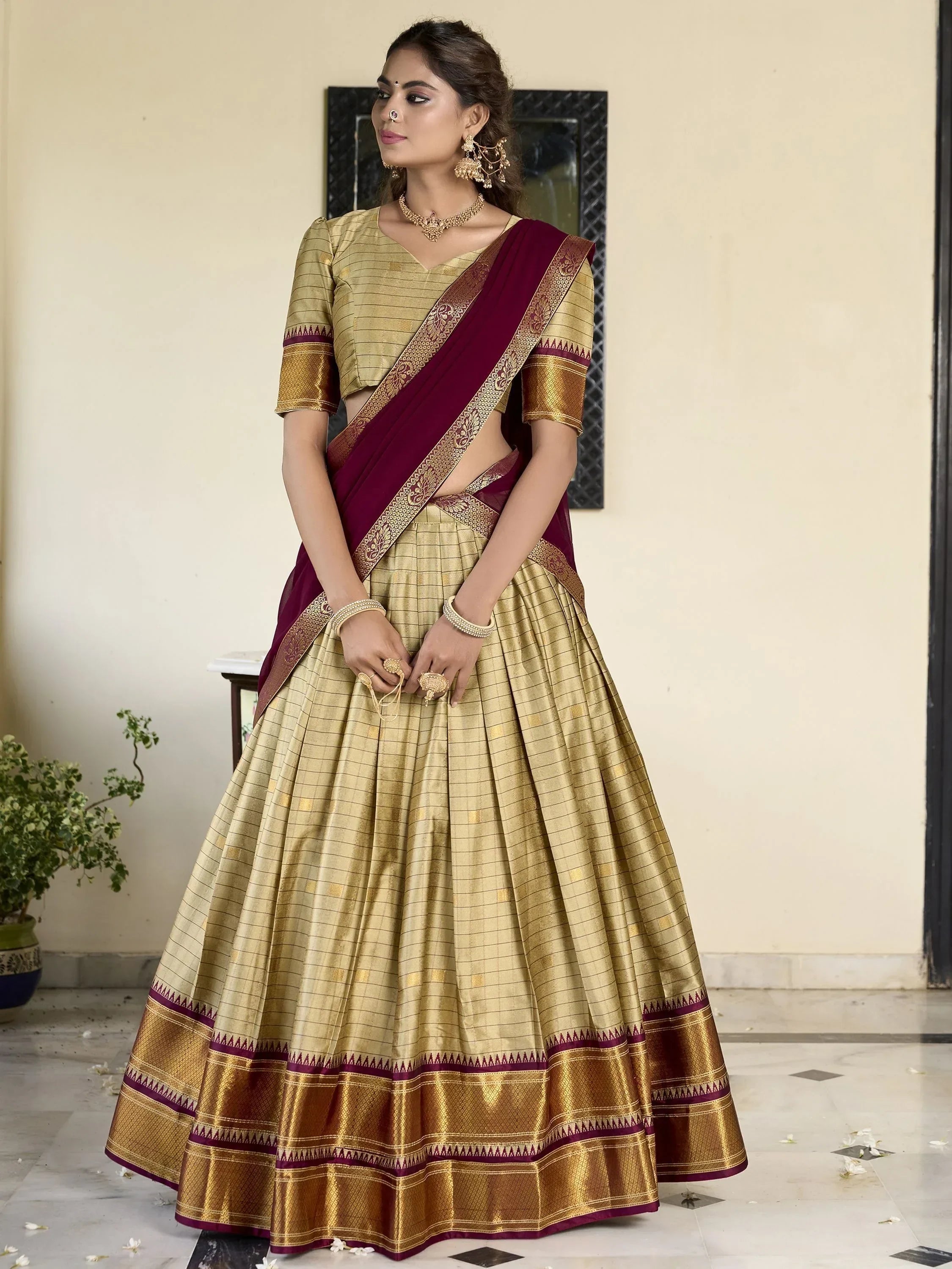 Attractive Brown Zari Weaving Silk Traditional Lehenga Choli With Dupatta - Ethnic Plus In