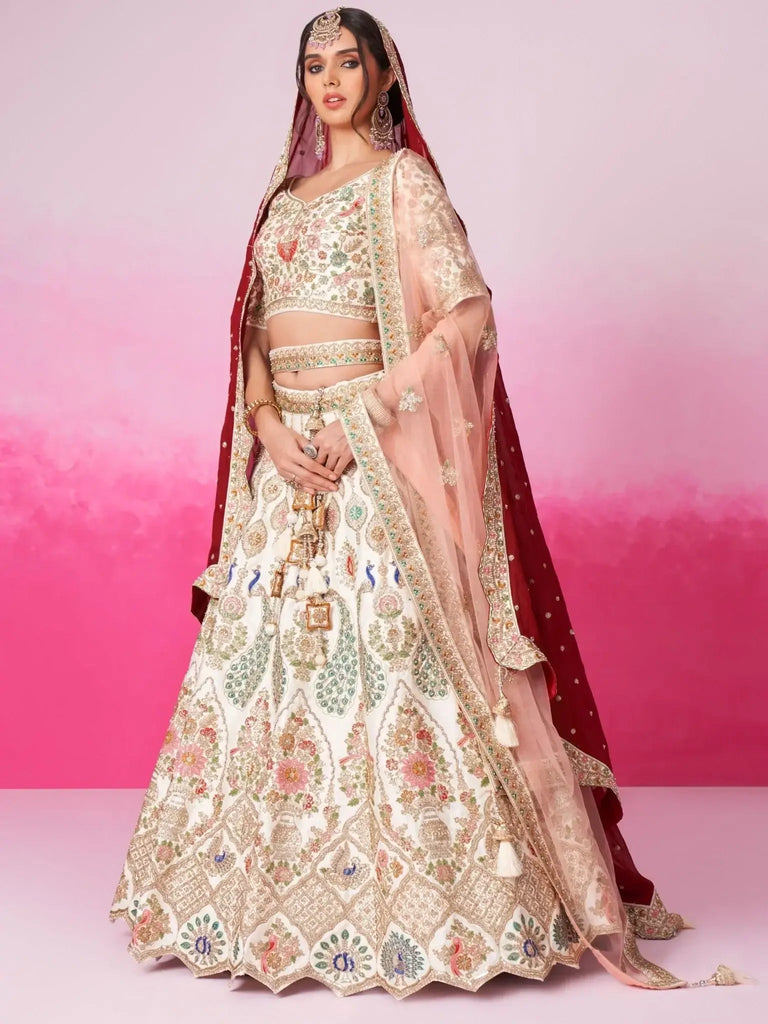 Attractive Cream Heavy Silk Bridal Lehenga Choli With Double Dupatta - Ethnic Plus In