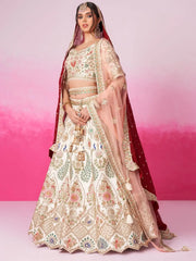 Attractive Cream Heavy Silk Bridal Lehenga Choli With Double Dupatta - Ethnic Plus In