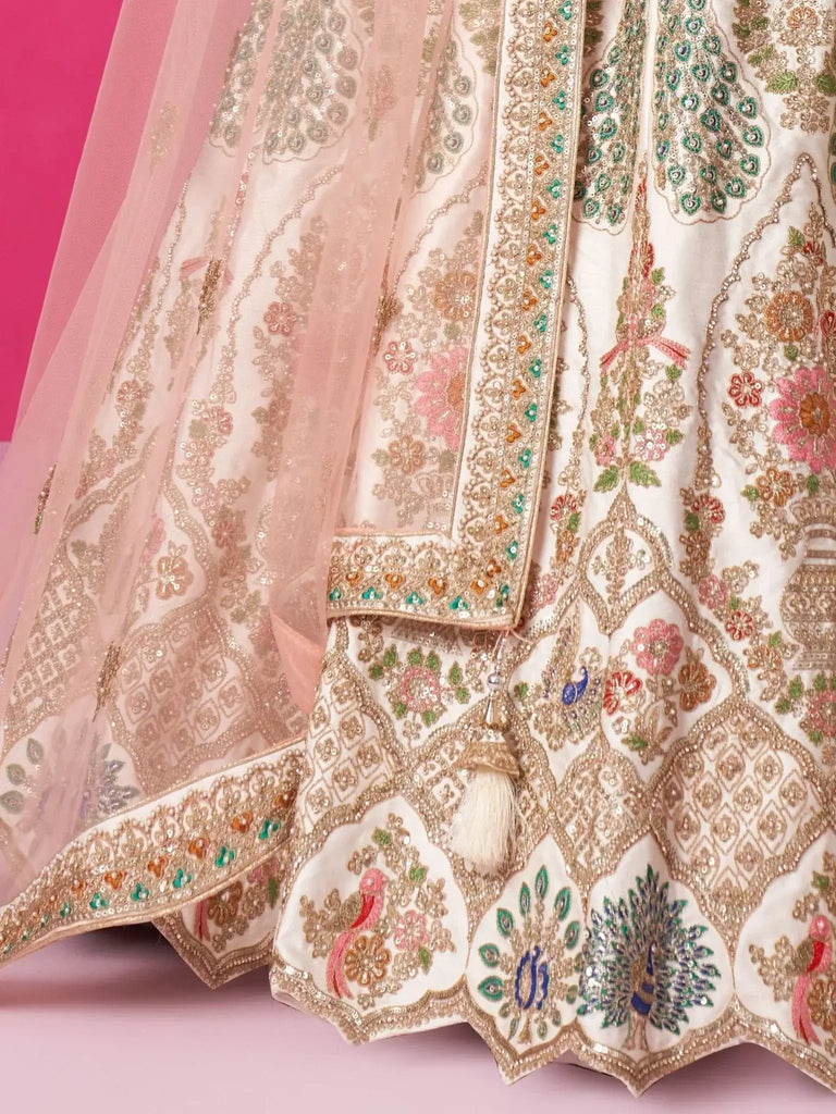 Attractive Cream Heavy Silk Bridal Lehenga Choli With Double Dupatta - Ethnic Plus In