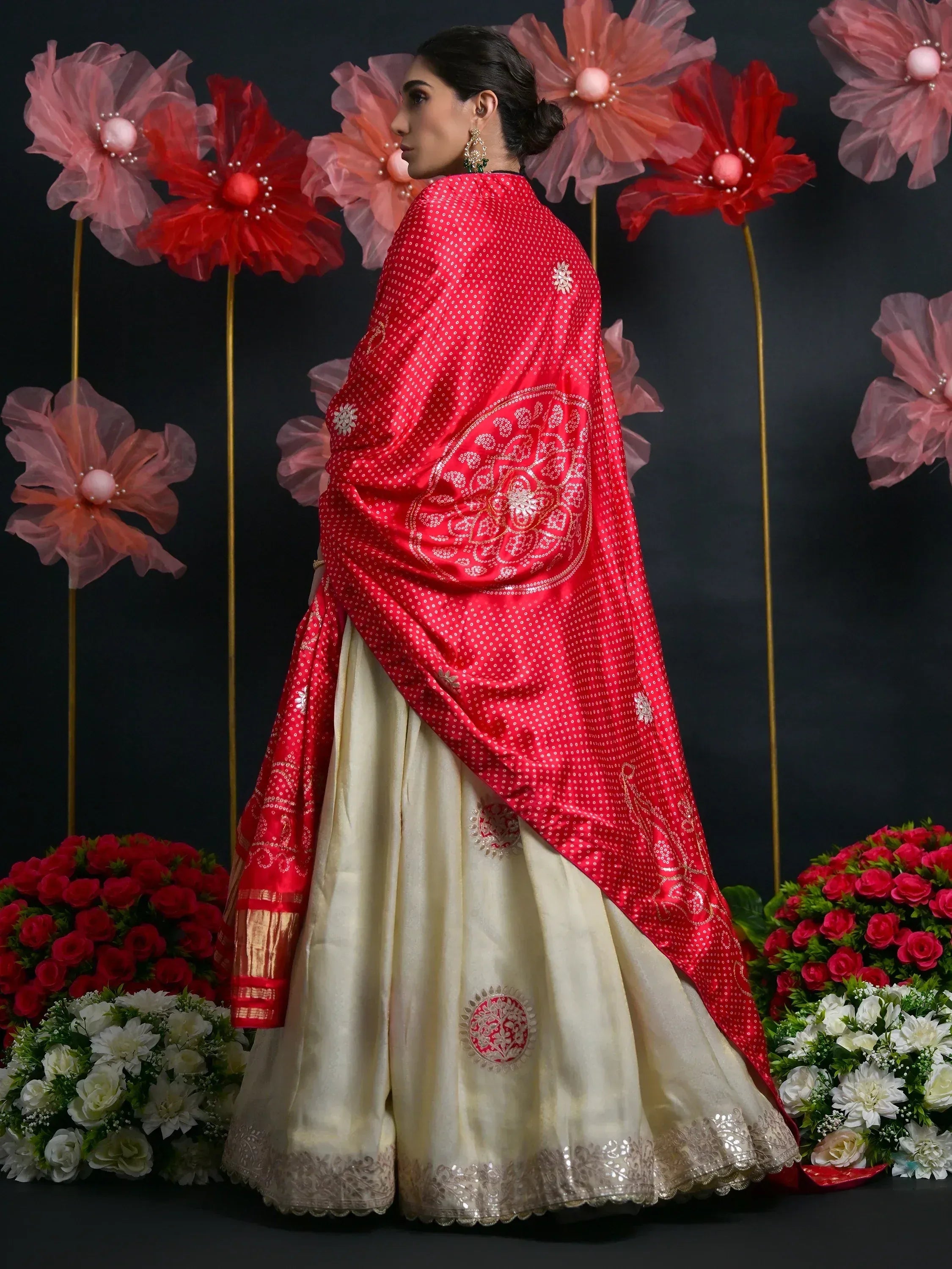 Red and cream designer lehenga choli with intricate embroidery, perfect for Indian ethnic wear occasions