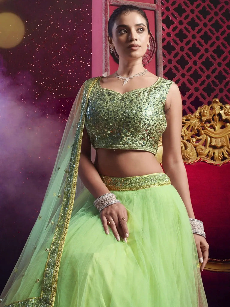 Attractive Dark Pista Sequins Net Reception Wear Lehenga Choli - Ethnic Plus In