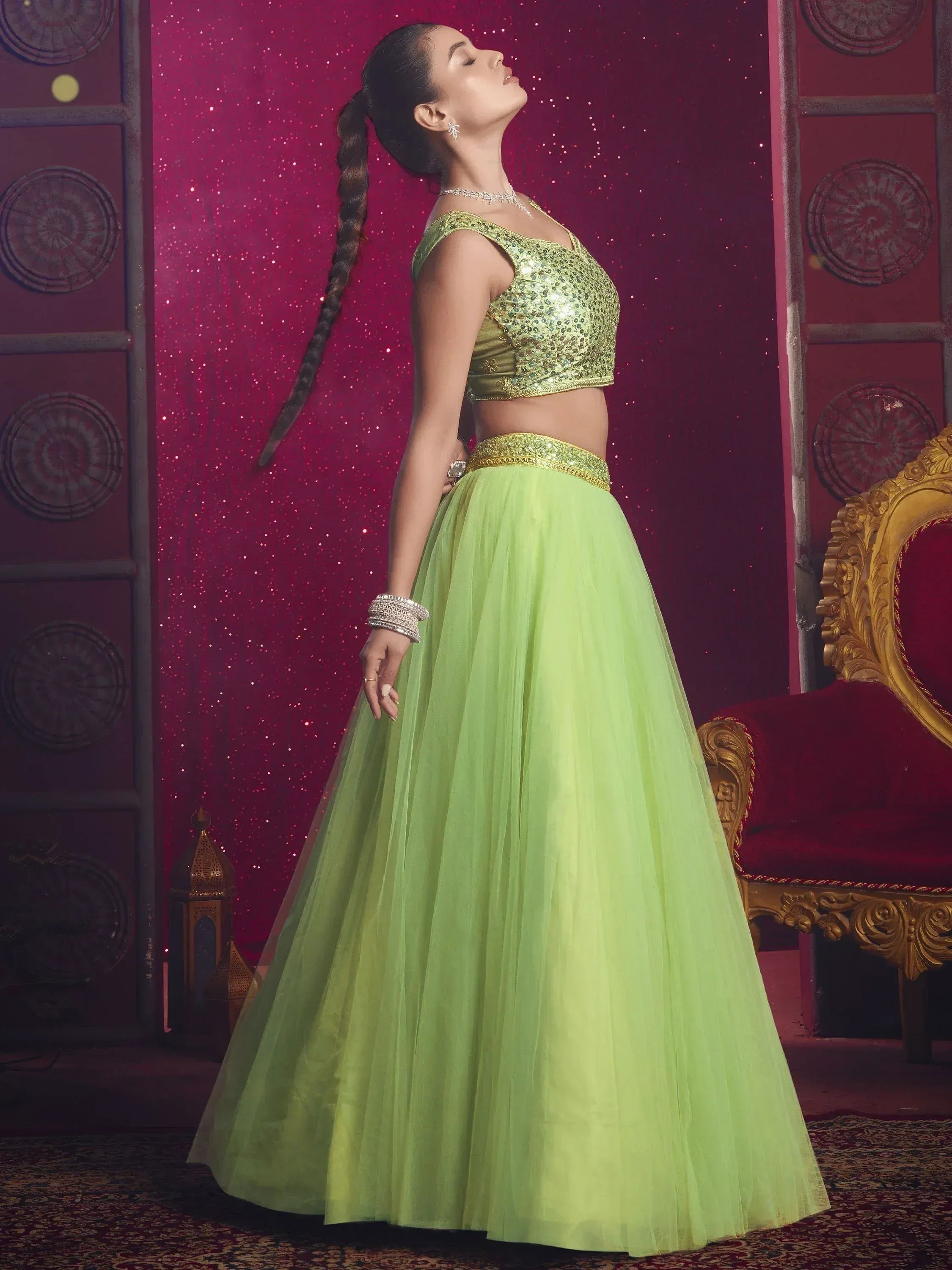 Lime green lehenga choli with sequin blouse and tulle skirt, ethnic Indian wear for festive occasions