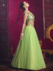 Attractive Dark Pista Sequins Net Reception Wear Lehenga Choli - Ethnic Plus In