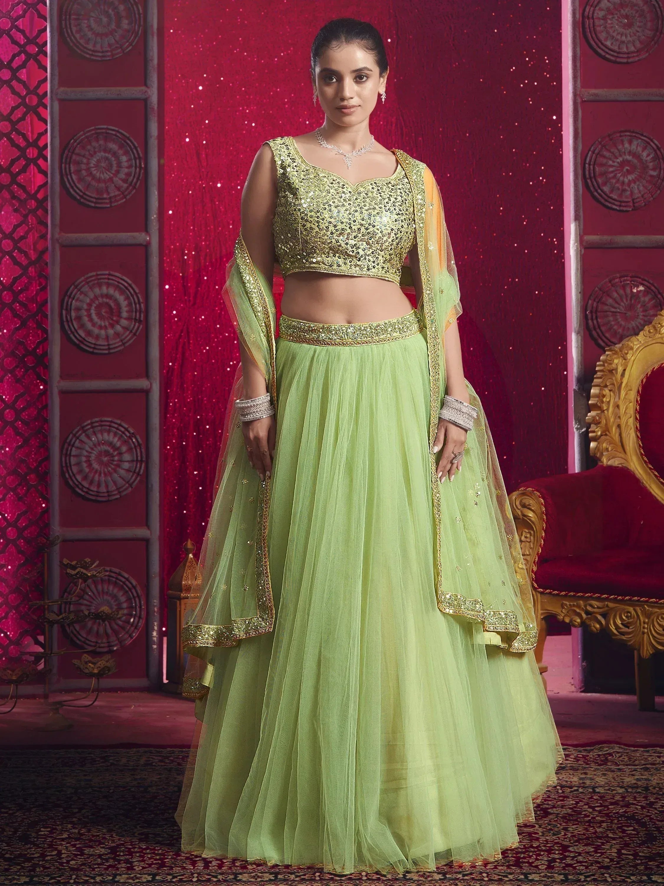 Lime green lehenga choli with gold sequin blouse and dupatta, Indian ethnic wear for weddings
