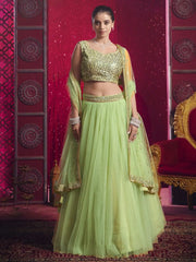 Attractive Dark Pista Sequins Net Reception Wear Lehenga Choli - Ethnic Plus In