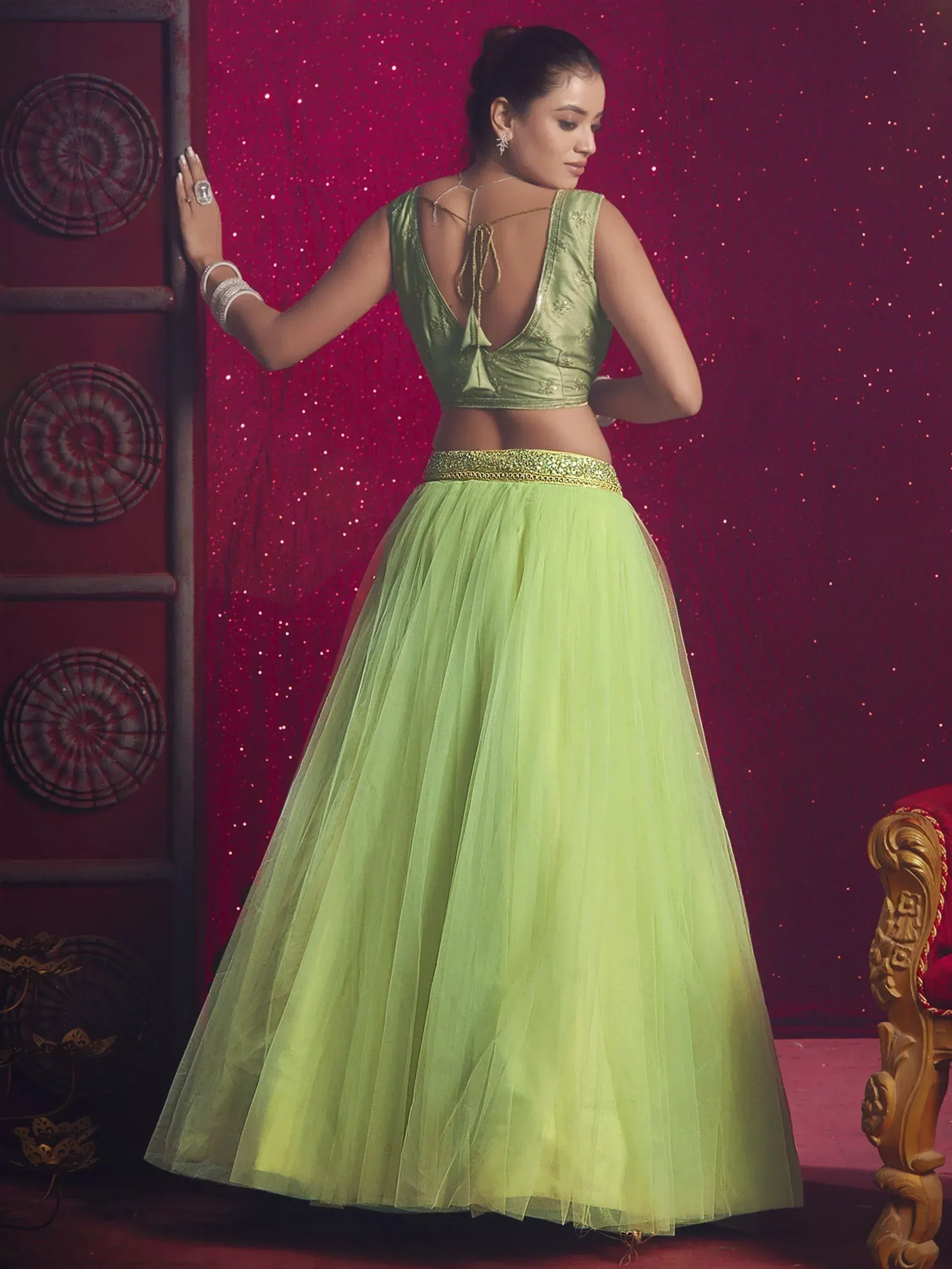 Lime green lehenga choli with embroidered blouse and tulle skirt, perfect for Indian ethnic wear events
