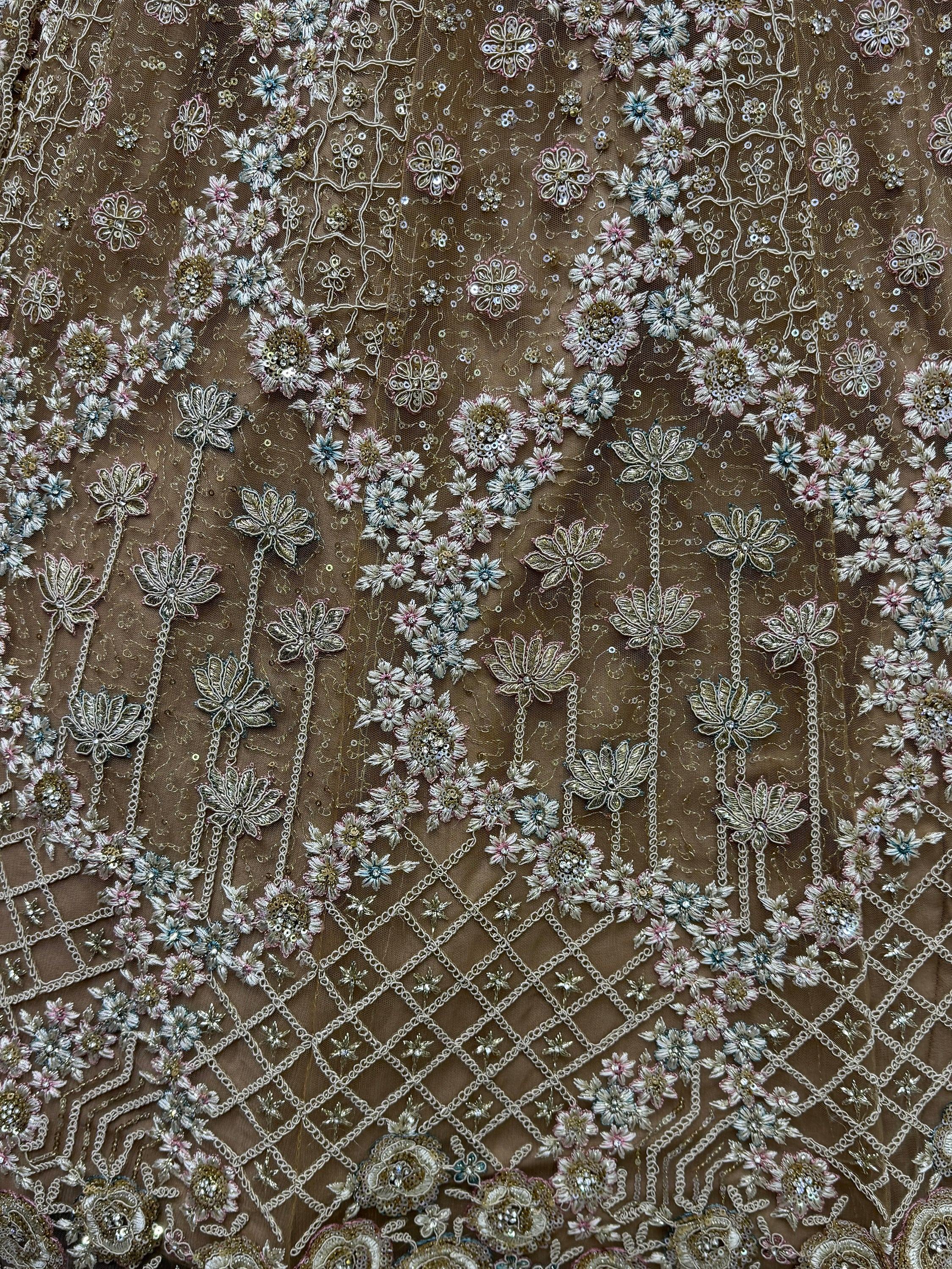 Brown net fabric with intricate floral embroidery and sequins for designer lehenga or saree