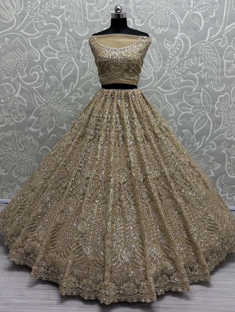 Attractive Golden Zircon Work Net Wedding Lehenga Choli With Dupatta - Ethnic Plus In