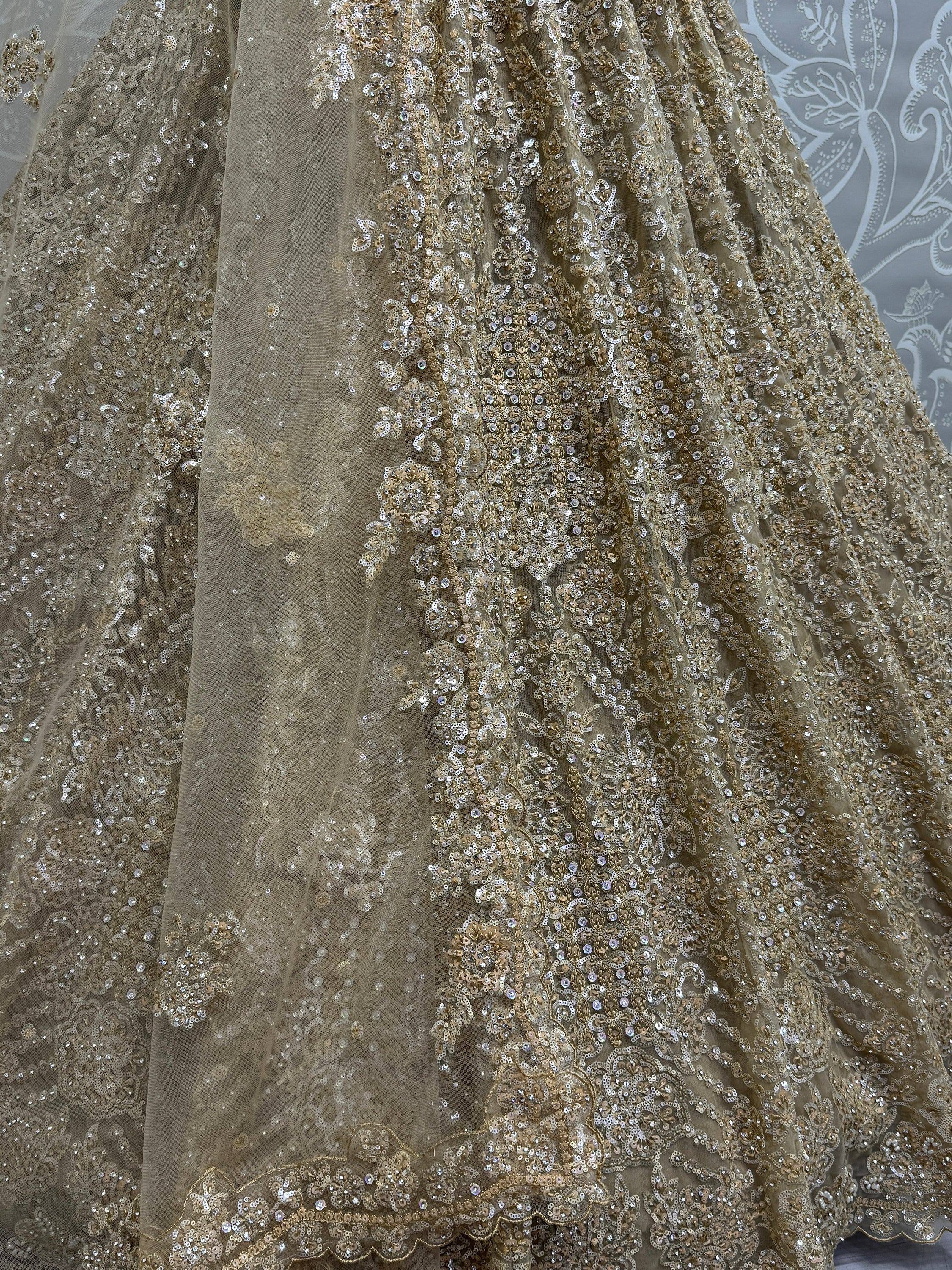 Gold sequin embroidered lehenga skirt with floral patterns, Indian ethnic wear