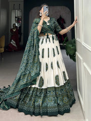 Attractive Green Bandhani Printed Tussar Silk Festival Wear Lehenga Choli - Ethnic Plus In