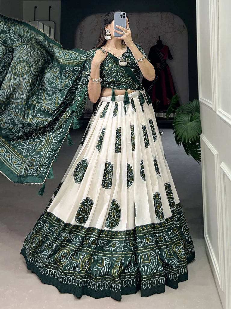 Attractive Green Bandhani Printed Tussar Silk Festival Wear Lehenga Choli - Ethnic Plus In