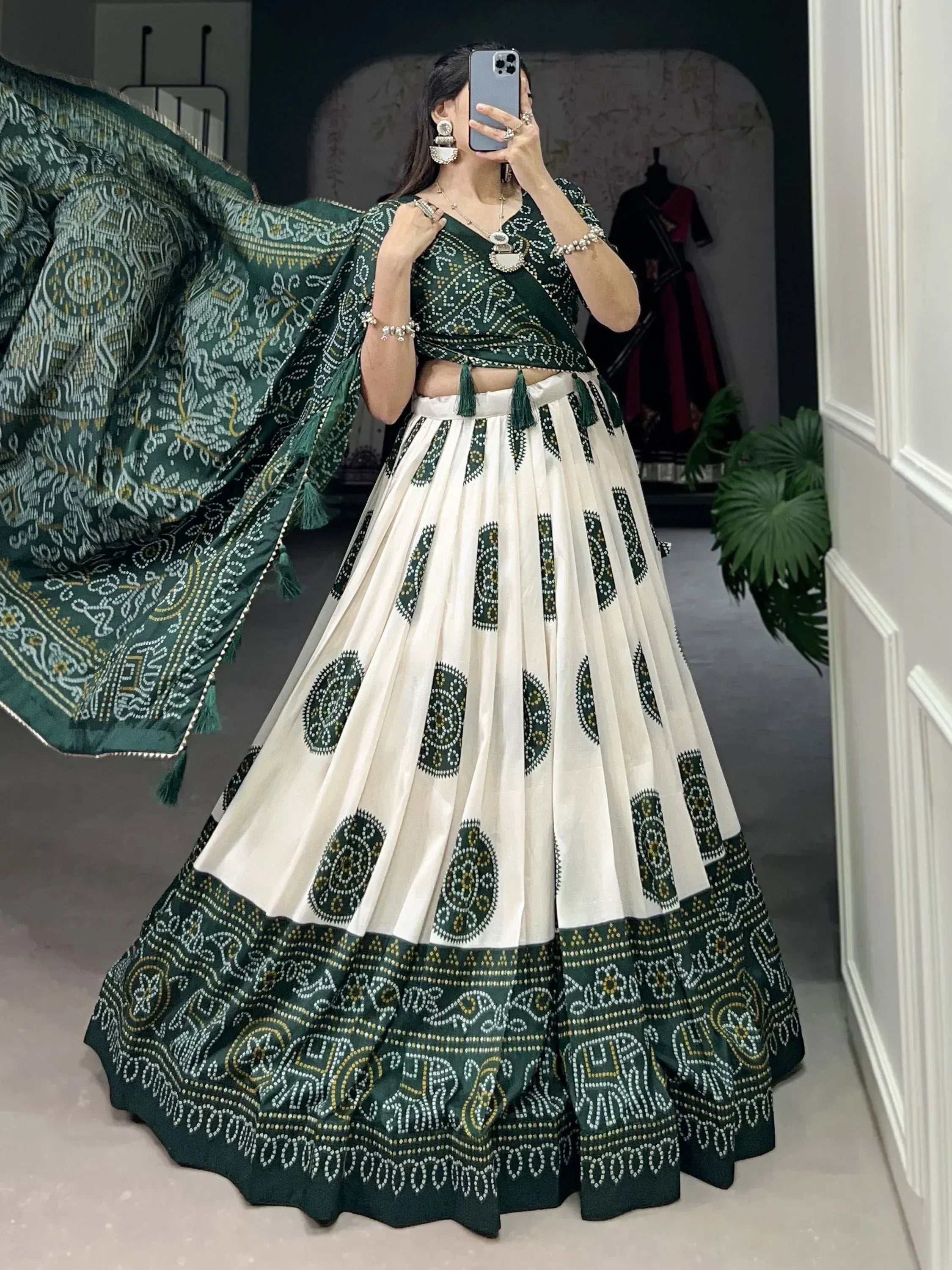 Green and white printed lehenga choli with matching dupatta, ethnic Indian wear for women
