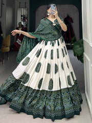 Attractive Green Bandhani Printed Tussar Silk Festival Wear Lehenga Choli - Ethnic Plus In