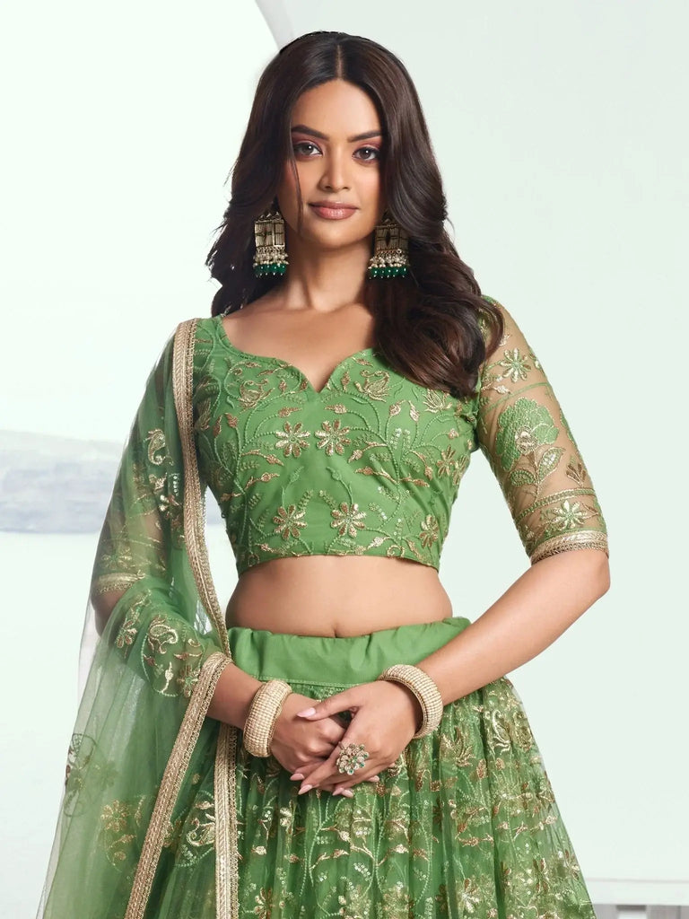 Attractive Green Color Embroidered Net Mehendi Wear Lehenga Choli - Ethnic Plus In
