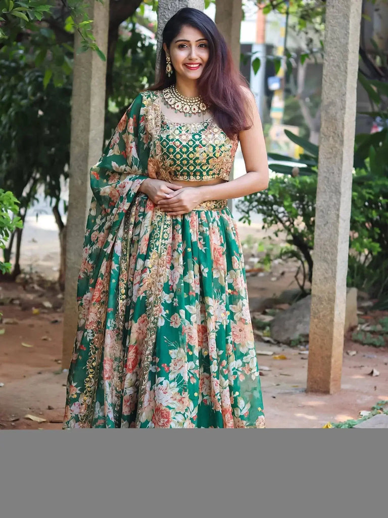 Attractive Green Floral Printed Organza Wedding Wear Lehenga Choli - Ethnic Plus In