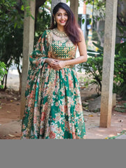Attractive Green Floral Printed Organza Wedding Wear Lehenga Choli - Ethnic Plus In