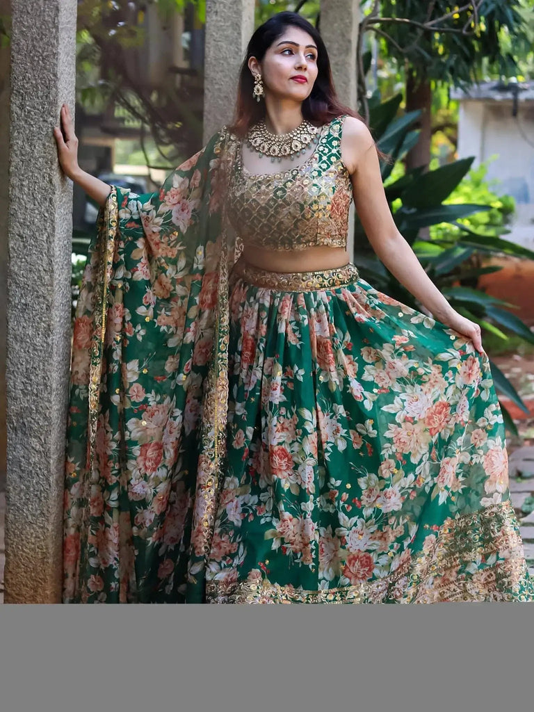 Attractive Green Floral Printed Organza Wedding Wear Lehenga Choli - Ethnic Plus In