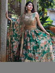 Attractive Green Floral Printed Organza Wedding Wear Lehenga Choli - Ethnic Plus In