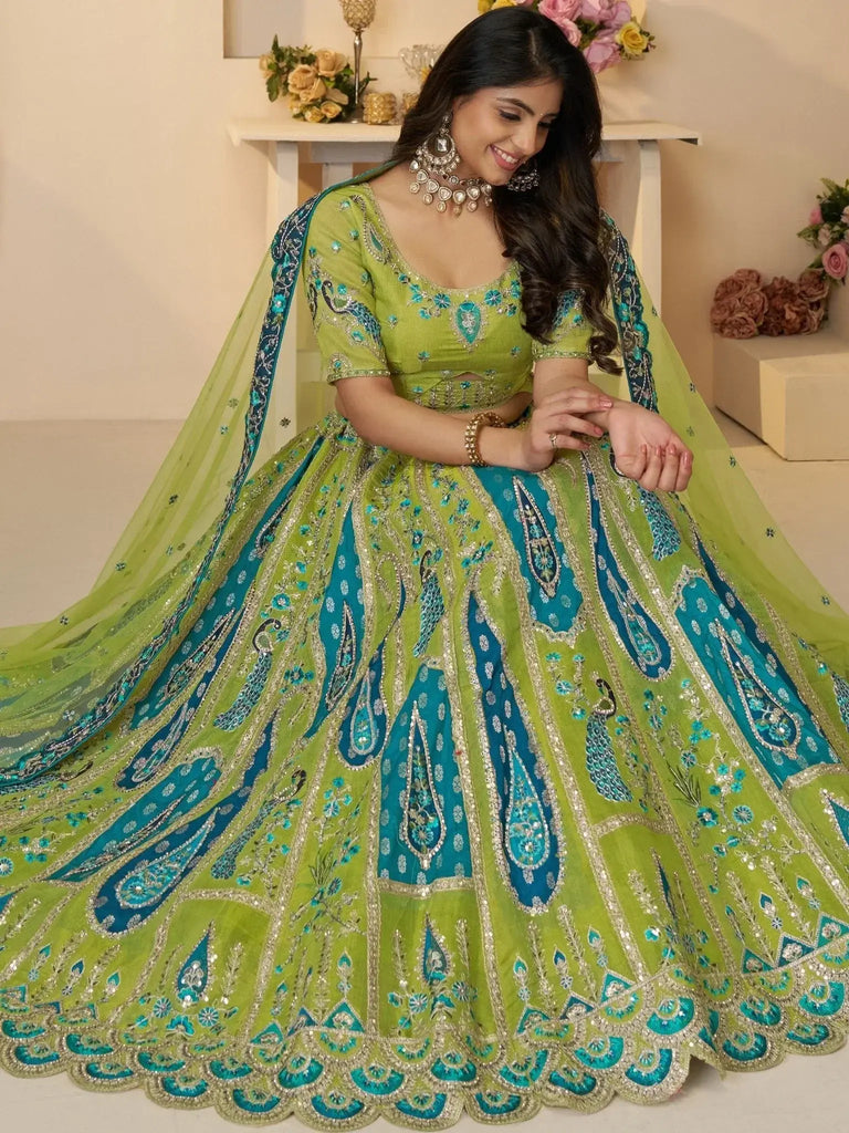 Attractive Green Thread Work Banarasi Silk Mehendi Wear Lehenga Choli - Ethnic Plus In