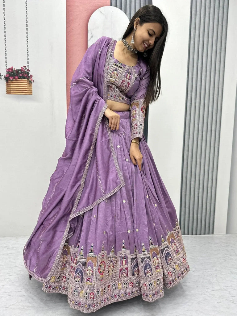 Attractive Lavender Silk Embroidered Reception Wear Lehenga Choli - Ethnic Plus In