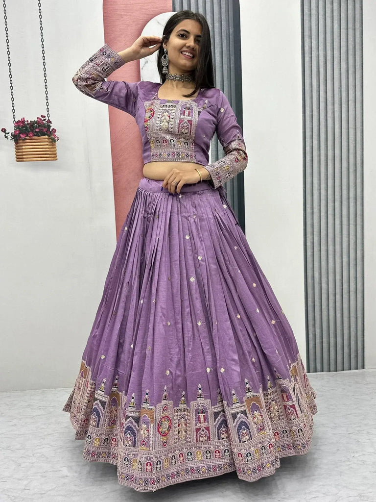 Attractive Lavender Silk Embroidered Reception Wear Lehenga Choli - Ethnic Plus In